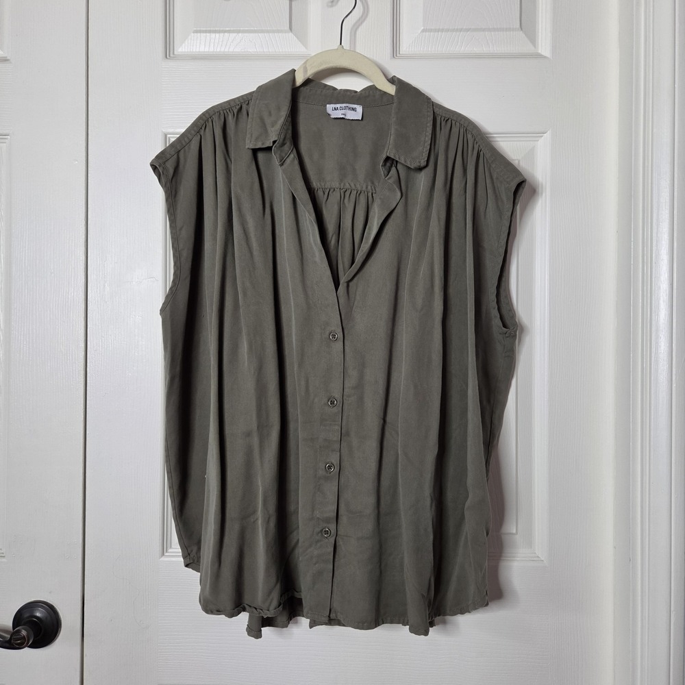 LNA Clothing Oversized Dropped Shoulders Blouse Olive Green Button-up Flowy Smal